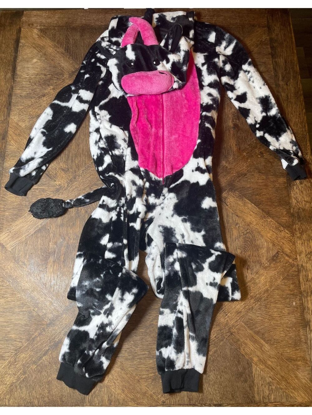 Women’s Black & Pink Fuzzy Cow Full Body Costume Pajamas size medium 8-10